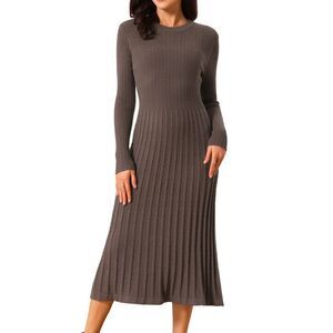 Women's Long Sleeve Sweater Dress Fall Crewneck Knit Pleated Dress Coffee